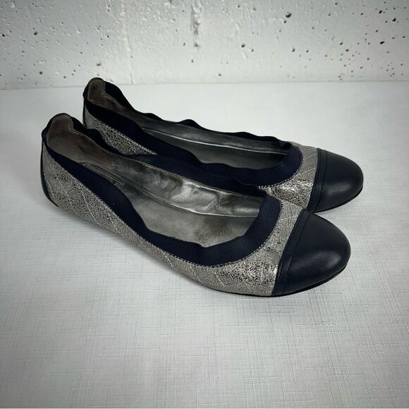 Tory Burch Size 7.5 Navy Blue and Distressed Silver Leather Flats - Picture 1 of 13